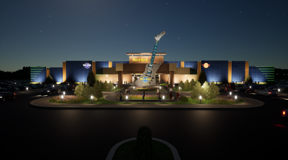 An artist's rendering of what the Hard Rock Casino Rockford, 7801 E. State St., expected to open in late summer 2024, will look like at night.