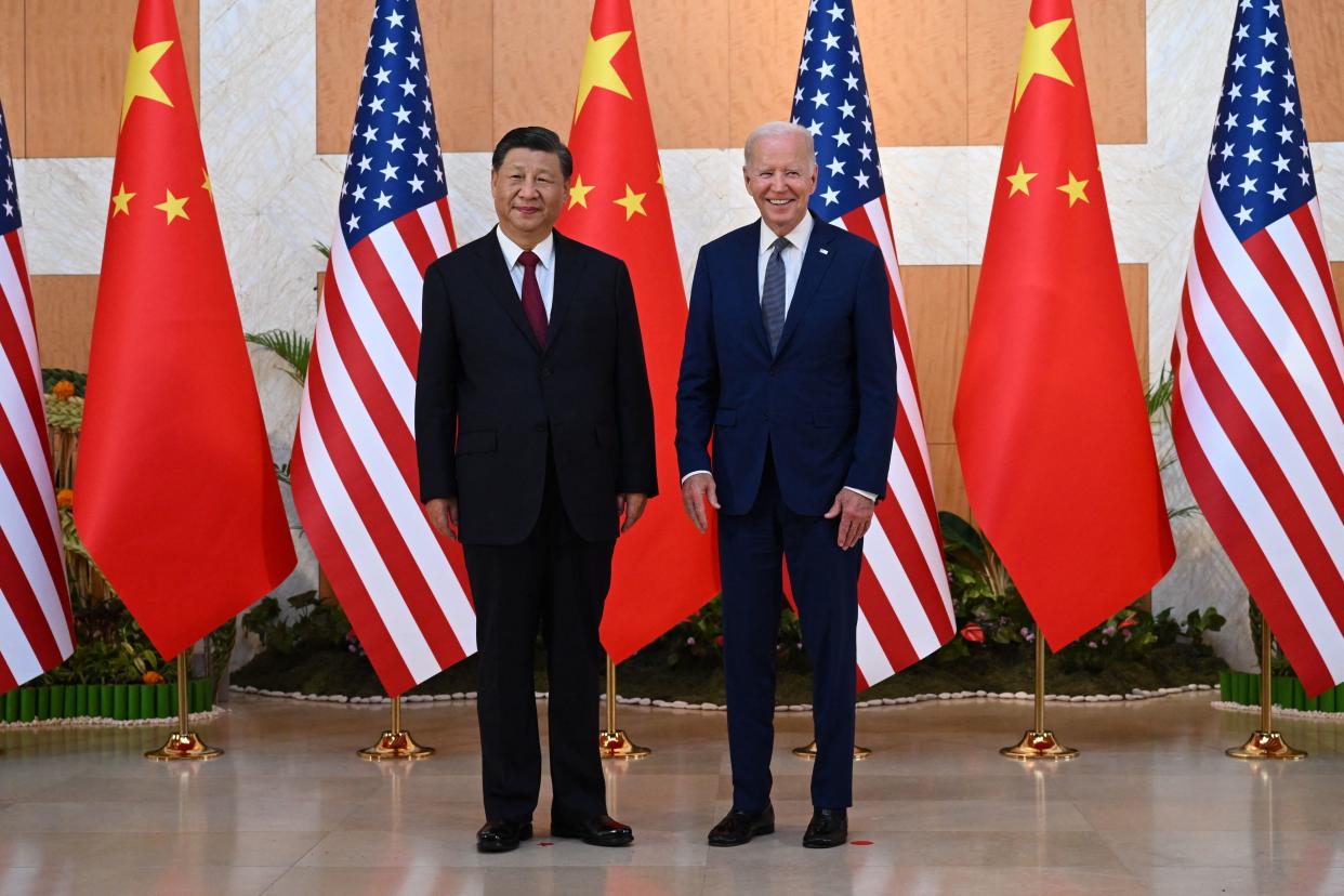 US President Joe Biden (R) and China's President Xi Jinping (L) meet on the sidelines of the G20 Summit in Nusa Dua on the Indonesian resort island of Bali on November 14, 2022. (Photo by SAUL LOEB / AFP) (Photo by SAUL LOEB/AFP via Getty Images)