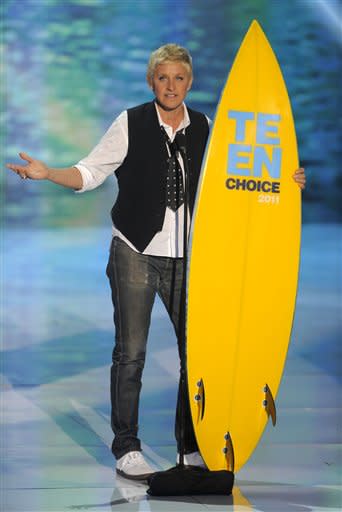 Ellen DeGeneres accepts the award for choice comedian onstage at the Teen Choice Awards on Sunday, Aug. 7, 2011 in Universal City, Calif. (AP Photo/Chris Pizzello)