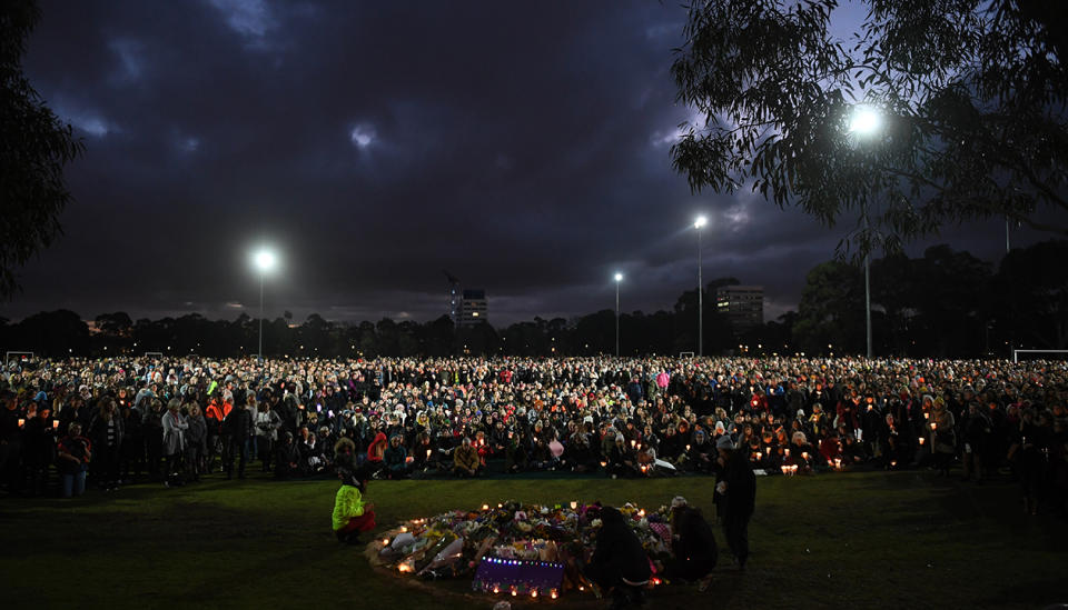 Thousands of people have gathered at the site where comedian Eurydice Dixon was raped and murdered in Melbourne. Source: AAP