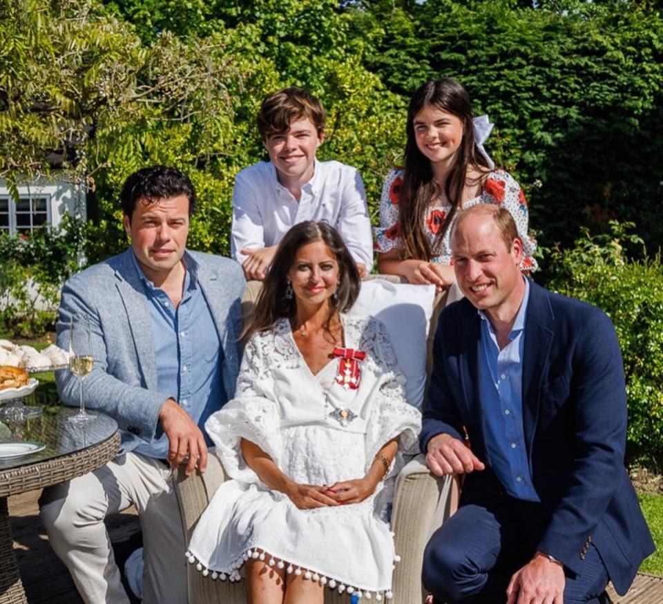 Prince William pictured with Deborah James and her family as the royal presented her with her Damehood (Deborah James)