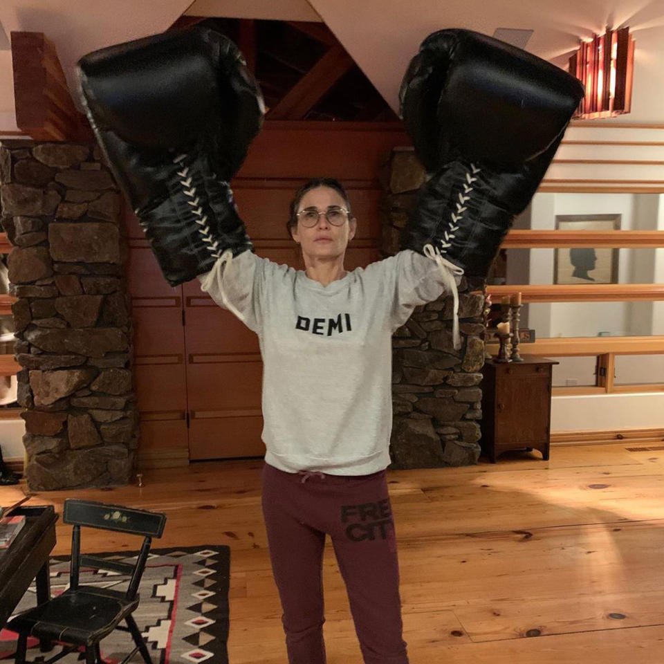 <p>"Put ‘em up," joked the <em>Inside Out</em> author, holding up some oversized boxing gloves while donning a sweatshirt reading "Demi." The actress and her family have been staying busy while <a href="https://www.instagram.com/p/CITSyl7Hcmn/" rel="nofollow noopener" target="_blank" data-ylk="slk:self-isolating at home;elm:context_link;itc:0;sec:content-canvas" class="link ">self-isolating at home</a> in Hailey, Idaho. </p>