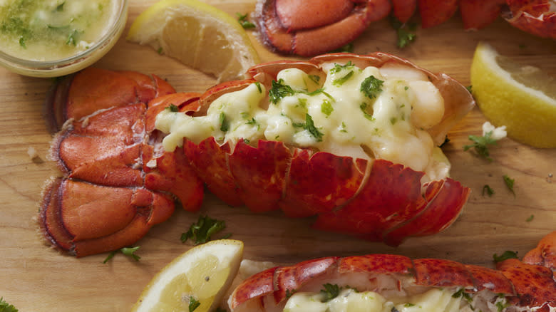 Cooked lobster tail split open 