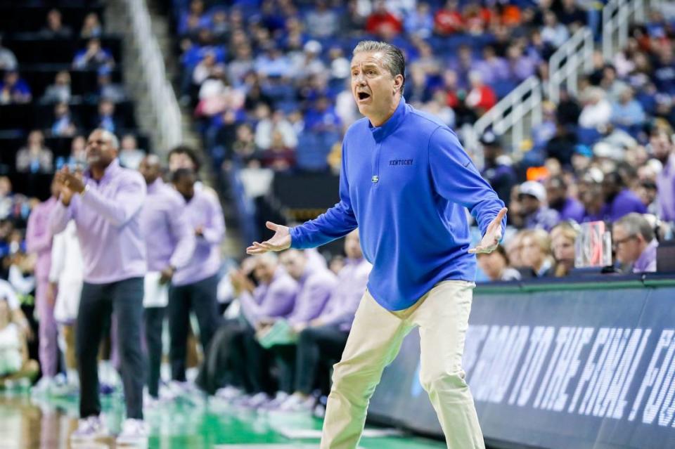 Kentucky head coach John Calipari reacts to a non-foul call during Sunday’s second-round NCAA Tournament game against Kansas State in Greensboro, N.C.