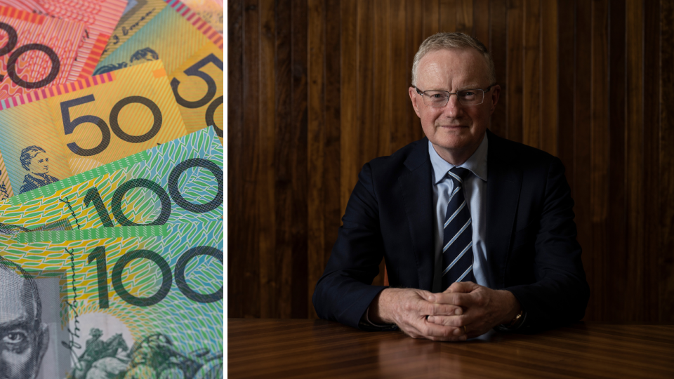 A composite image of Australian currency and RBA governor Philip Lowe.