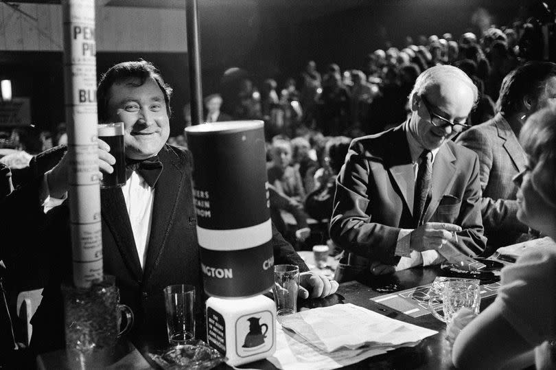 Comedian Bernard Manning on the Saturday night ITV show Wheeltappers and Shunters Social Club, first broadcast in 1974