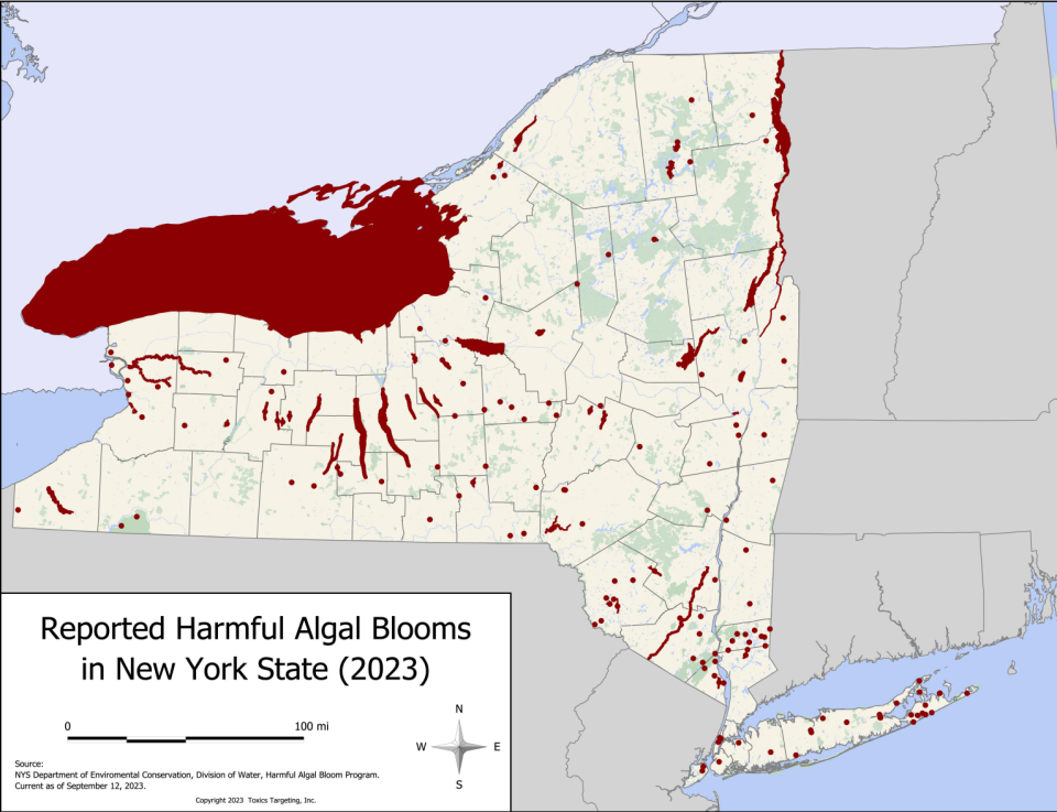A map of reported Harmful Algal Blooms in New York State.