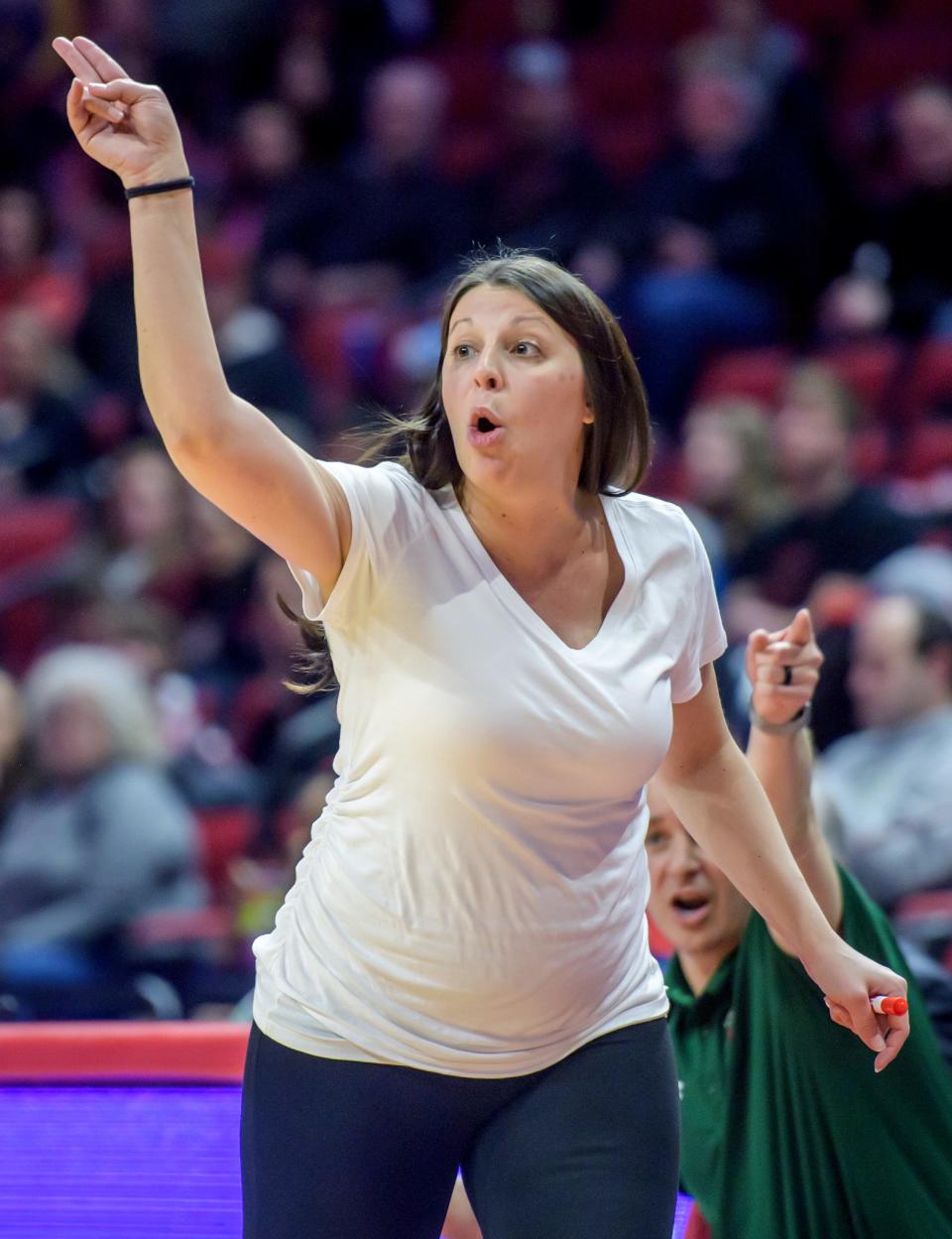 Lincoln Railers head coach Taylor Rohrer directs her team against Deefield in the Class 3A state semifinals Friday, March 3, 2023 at CEFCU Arena in Normal. The Railers defeated the Warriors 76-56.