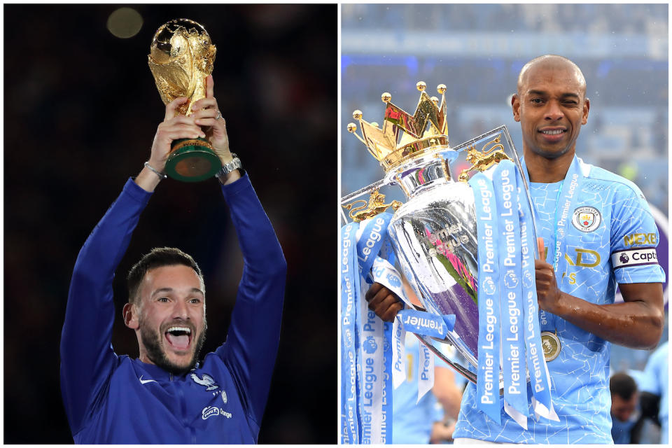 France captain Hugo Lloris (left) with the World Cup trophy in 2018, and Manchester City skipper Fernandinho with the English Premier League trophy in 2022. (PHOTOS: Getty Images)