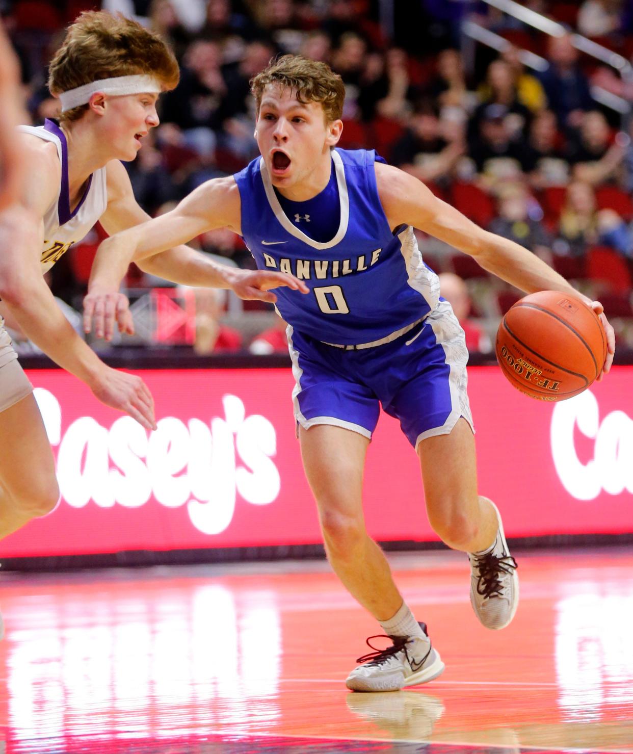 Ty Carr of Danville drives to the basket during a game against Lake Mills in the Iowa high school boys state basketball 1A quarterfinals at Wells Fargo Arena in Des Moines, Monday, March 7, 2022.