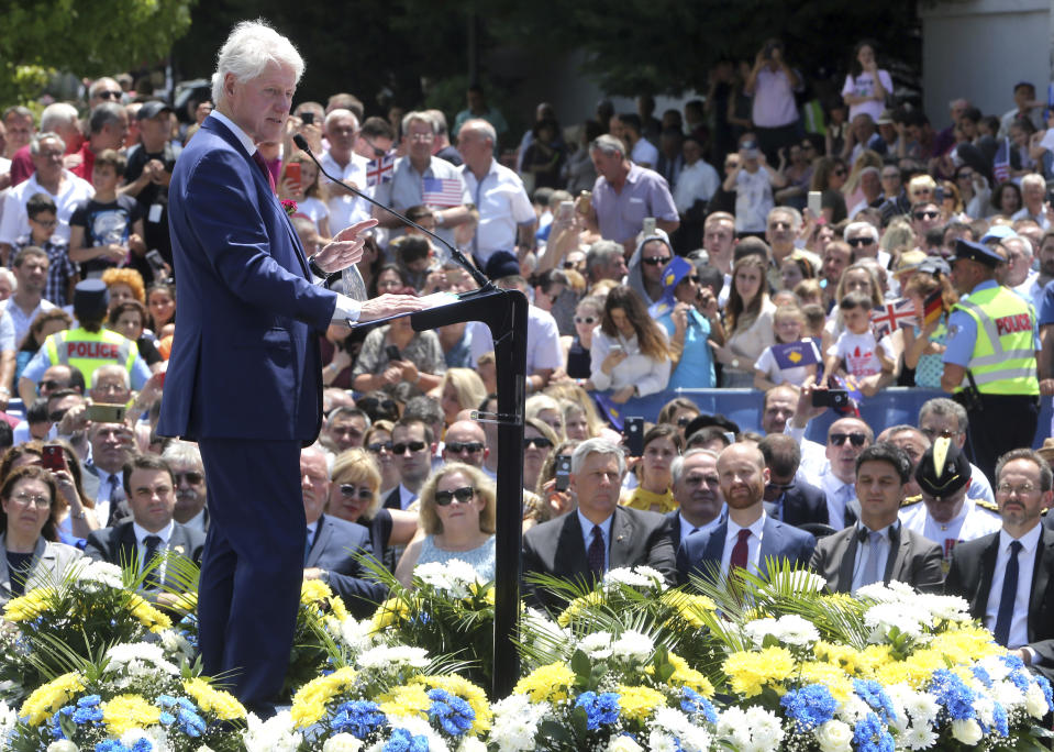 Former U.S. President Bill Clinton speaks during anniversary celebrations in the capital Pristina, Kosovo, Wednesday, June 12, 2019. It’s exactly 20 years since NATO forces set foot in the former Yugoslav province, after an allied bombing campaign ended Serbia’s bloody crackdown on an insurrection by the majority ethnic Albanian population in Kosovo _ revered by Serbs as their historic and religious heartland. (AP Photo/Visar Kryeziu)