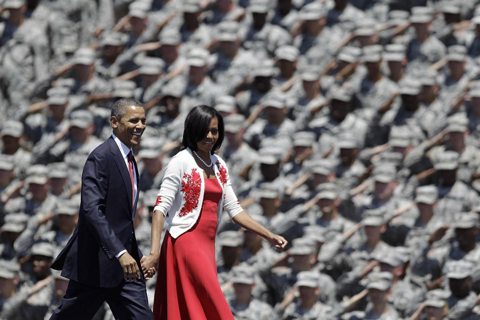 <p>President Barack Obama and first lady Michelle are saluted by soldiers as they arrive at the Fort Stewart Army post, April 27, 2012, in Fort Stewart, Ga. (AP Photo/David Goldman) </p>