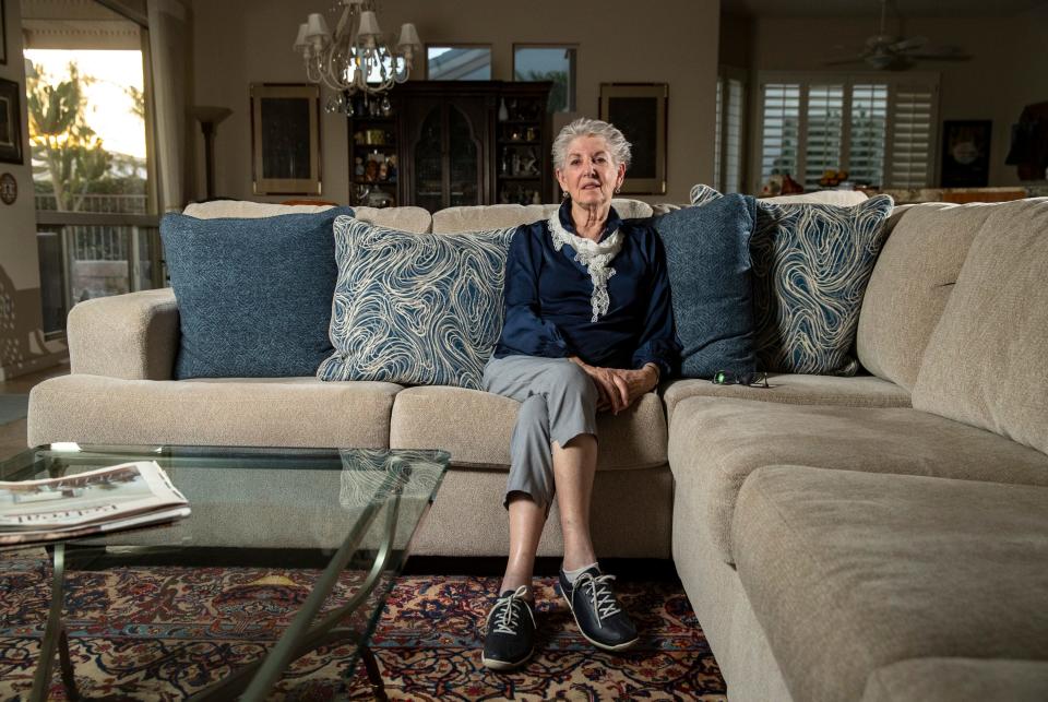 Holocaust survivor Rose Bard-Peppin poses for a photo in her home in Palm Desert on Dec. 15, 2023.