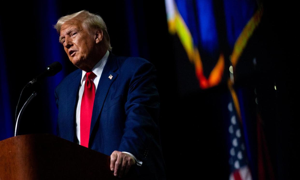 <span>Donald Trump at Huntington Place convention center on in Detroit, Michigan, on 26 August 2024.</span><span>Photograph: Emily Elconin/Getty Images</span>