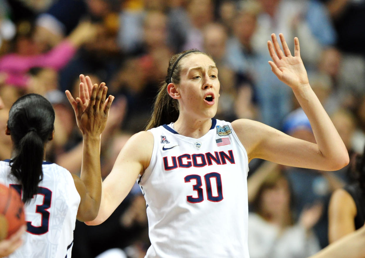 Apr 6, 2014; Nashville, TN, USA; Connecticut Huskies forward Breanna Stewart (30) reacts after defeating the Stanford Cardinal in the semifinals of the Final Four in the 2014 NCAA Womens Division I Championship tournament at Bridgestone Arena. Connecticut Huskies won 75-56. Mandatory Credit: Don McPeak-USA TODAY Sports