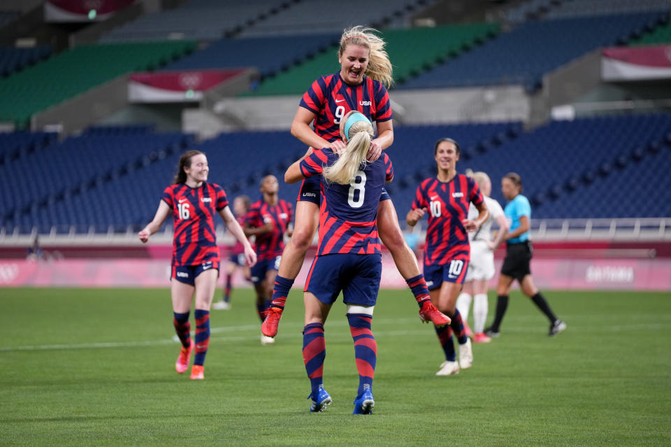 Lindsey Horan (9) celebrates with Julie Ertz after scoring the second goal against New Zealand in the USWNT's 6-1 win on Saturday at the Olympics. (Photo by Brad Smith/ISI Photos/Getty Images)