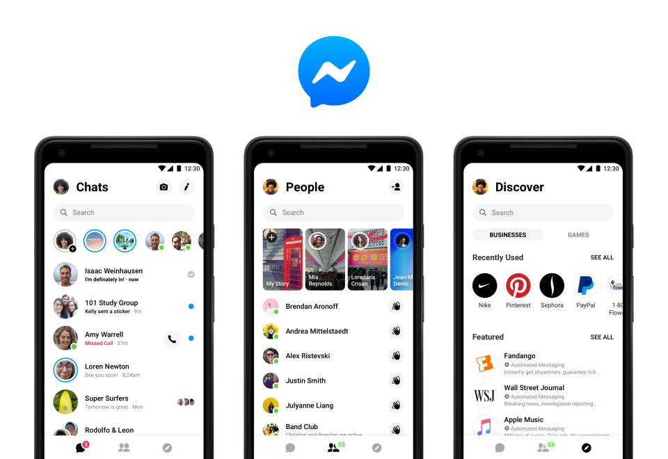 Messenger 4 consolidates 9 tabs into 3 tabs, including Chats, People and Discover. Source: Facebook