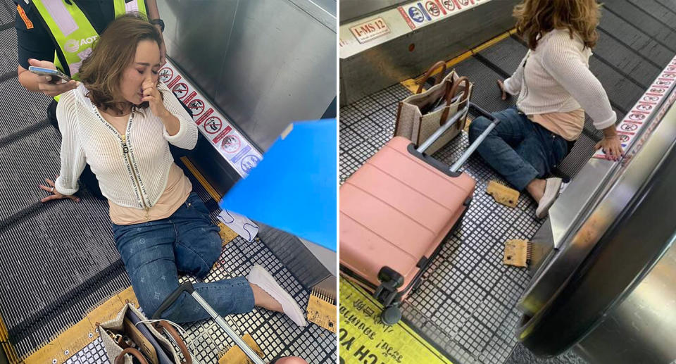 The female tourist with her left leg missing and blood on the travelator. 