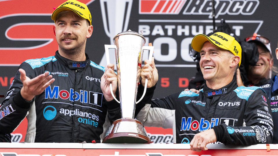 Chaz Mostert and Lee Holdsworth, pictured here after winning the Bathurst 1000.