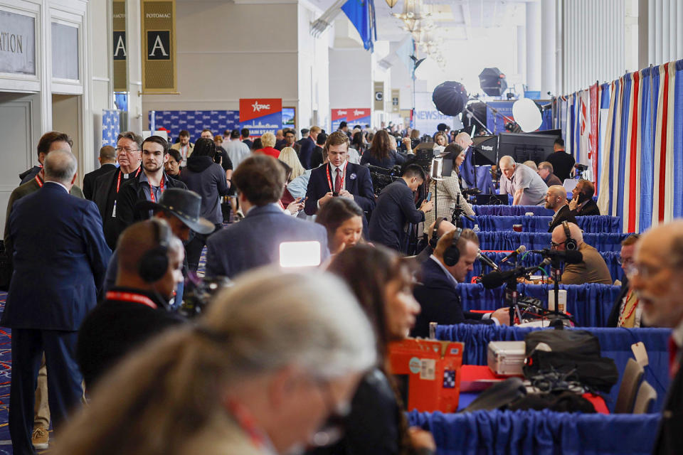 People walk around media row at the CPAC at the Gaylord National Resort Hotel and Convention Center on Feb 22, 2024. (Anna Moneymaker / Getty Images)