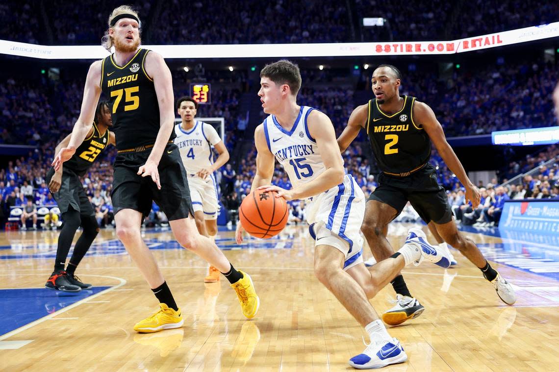Kentucky’s Reed Sheppard (15) drives against Missouri’s Connor Vanover (75) on Tuesday night. Sheppard was limited to three points but contributed four assists and two steals.
