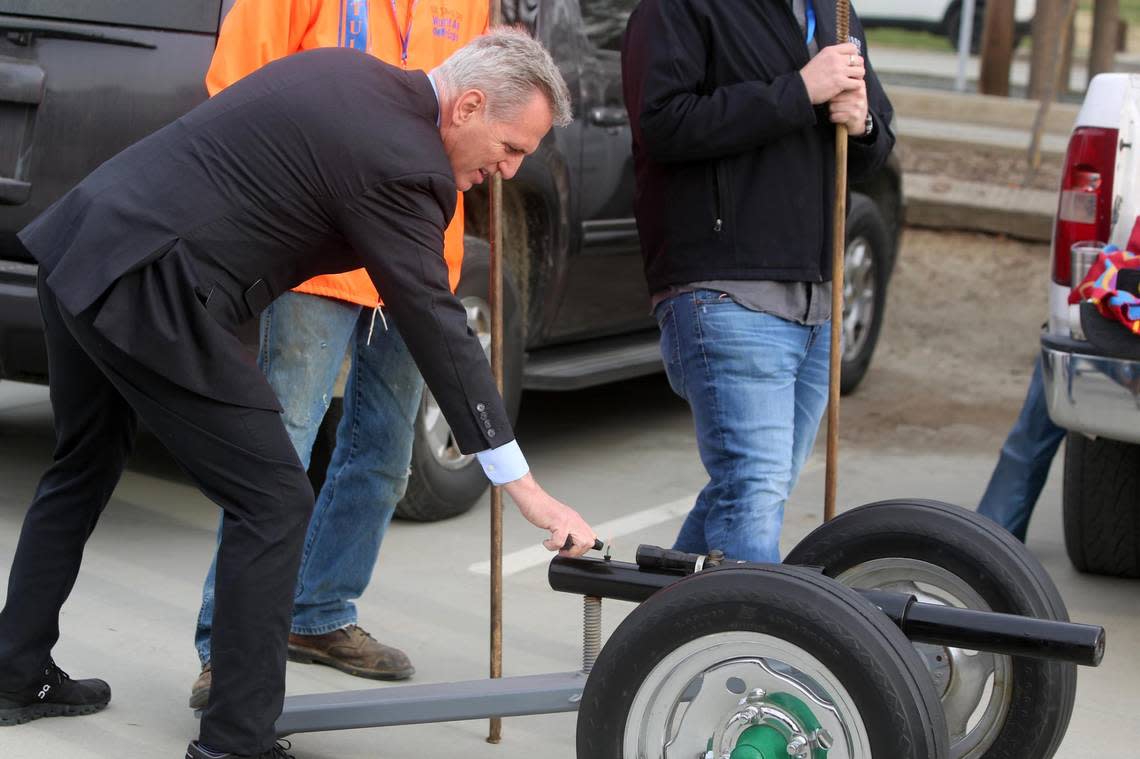 Speaker of the House, Republican Kevin McCarthy of Bakersfield, left, igniting a ceremonial cannon to officially kick off the 2023 World Ag Expo in Tulare during their opening ceremonies on Tuesday, Feb. 14, 2023.