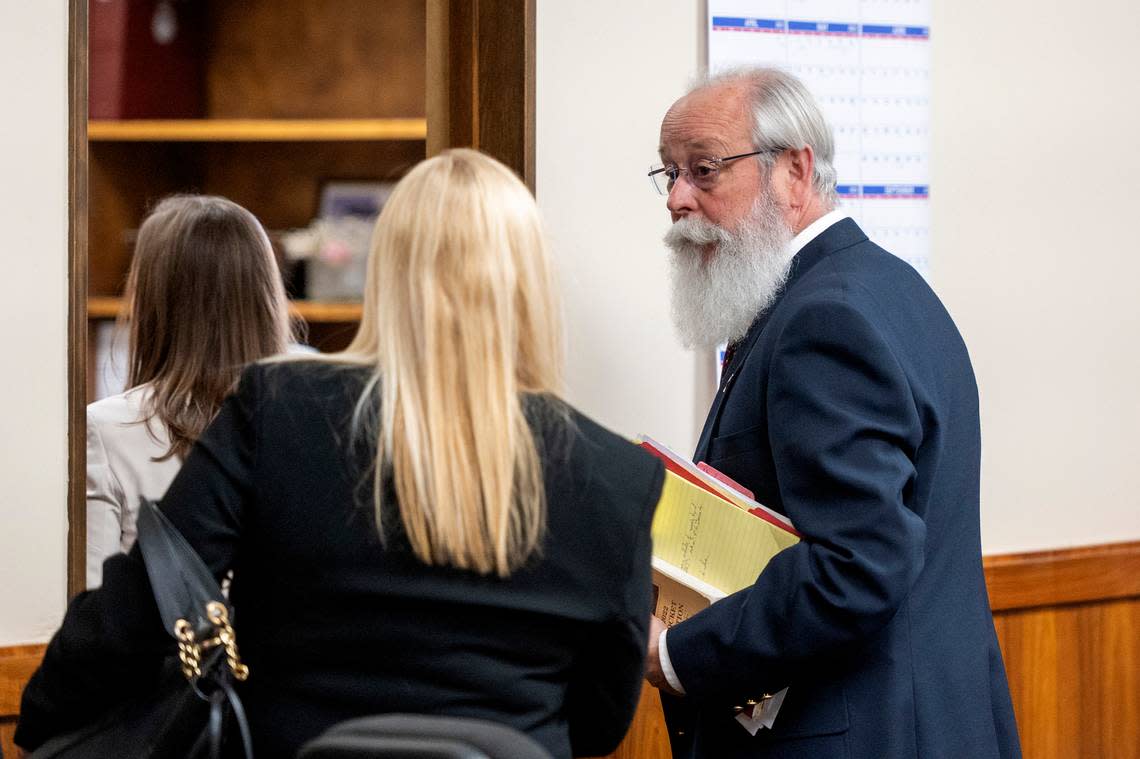 Latah County Prosecutor Bill Thompson, right, speaks at a pretrial hearing for defendant Bryan Kohberger with Anne Taylor, Kohberger’s lead public defender. The two attorneys are on opposing sides of several arguments ahead of an expected murder trial. Zach Wilkinson/AP