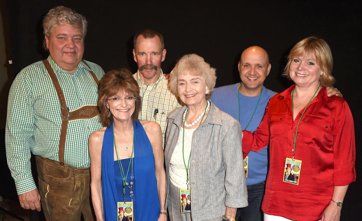 Cast of Willy Wonka (L-R) Michael Bollner, Denis Nickerson, Peter Ostrum, Diana Sowle, and Paris Themmen Poses at The Hollywood Show on July 20, 2014 in Los Angeles, California. (Photo by Steve Granitz/WireImage)