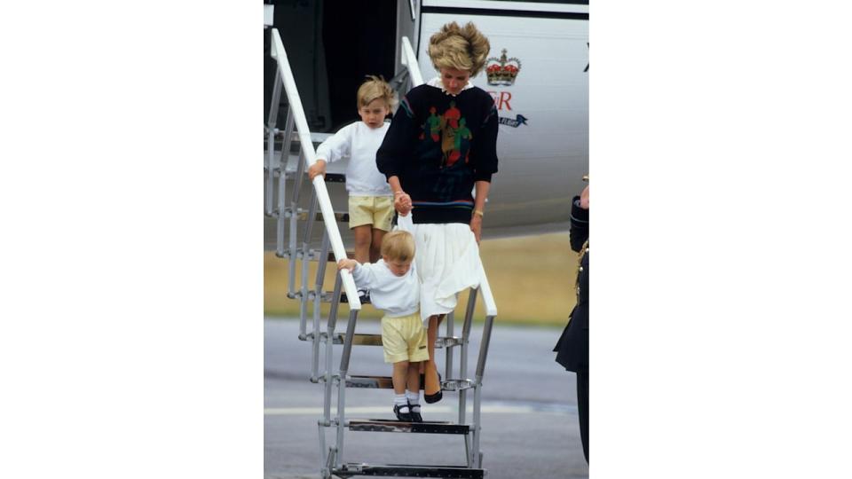 Diana, Princess of Wales, with her young sons Prince William and Prince Harry arrive at Aberdeen Airport