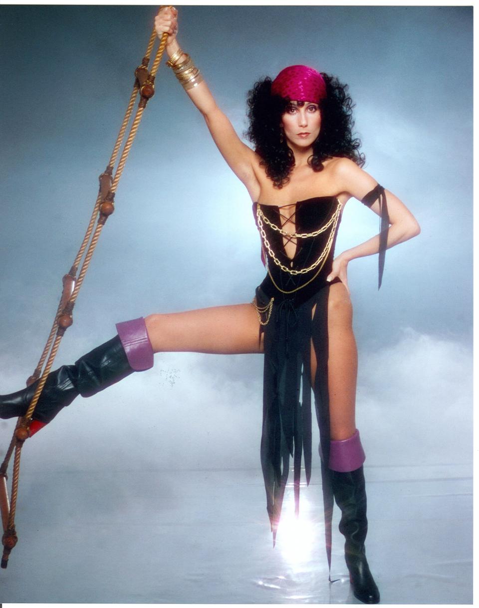 LOS ANGELES - MARCH 9: Singer and actress Cher poses for a Fashion Session in a Bob Mackie Creation on April 9, 1978 in Los Angeles, California.  (Photo by Harry Langdon/Getty Images)