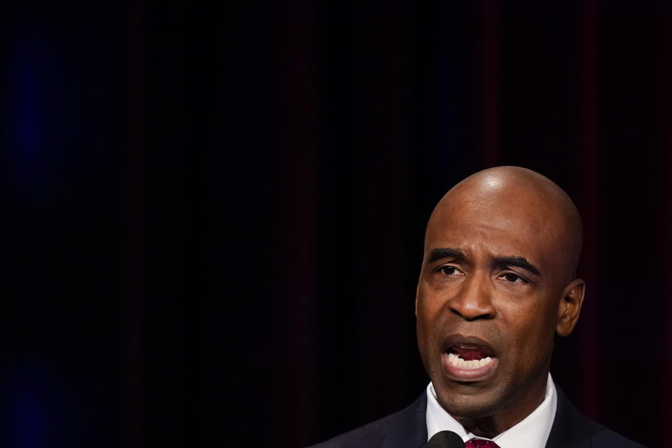 Georgia U.S. Senate candidate Kelvin King participates in a Republican primary debate on Tuesday, May 3, 2022, in Atlanta. (AP Photo/Brynn Anderson, Pool)