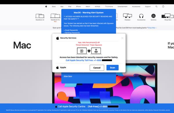 A scam making the rounds online led users to a malicious website intended to scare them that Apple Security Center, MacOS Secure Services, Microsoft Support, Windows Defender Scan, or another service had a Trojan virus threat called Ads fiancetrack2 dll detected on a device.