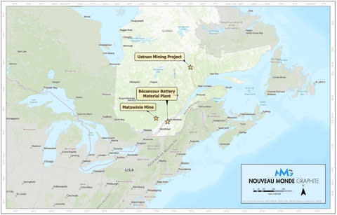 Map of NMG’s assets in Québec, Canada: the projected Matawinie Mine, Bécancour Battery Material Plant and Uatnan Mining Project. (Graphic: Business Wire)