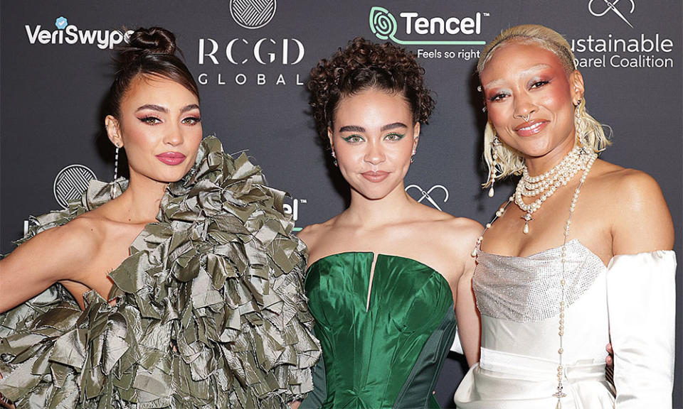 R'Bonney Gabriel, Bailey Bass, and Tati Gabrielle attend RCGD Global Pre-Oscars annual celebration at Eveleigh on March 09, 2023 in West Hollywood, California.