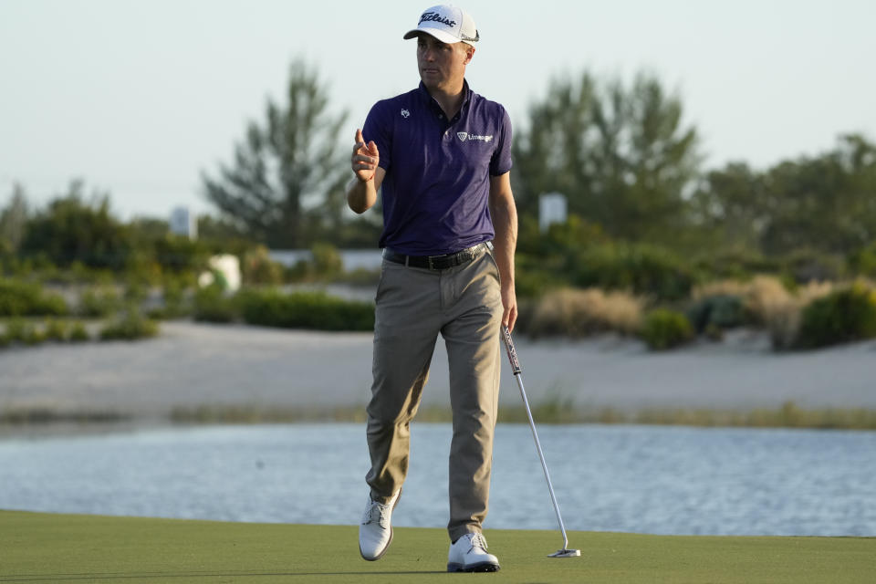 Justin Thomas, of the United States, reacts after making a birdie on the 17th hole during the third round of the Hero World Challenge PGA Tour at the Albany Golf Club, in New Providence, Bahamas, Saturday, Dec. 2, 2023. (AP Photo/Fernando Llano)