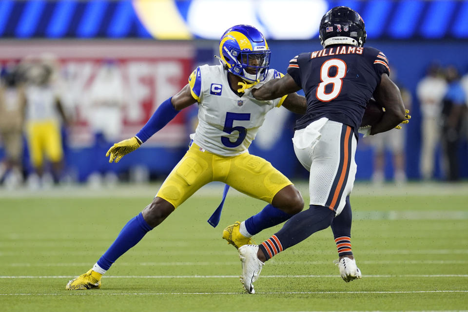 Los Angeles Rams cornerback Jalen Ramsey, left, defends against Chicago Bears running back Damien Williams during the second half of an NFL football game Sunday, Sept. 12, 2021, in Inglewood, Calif. (AP Photo/Marcio Jose Sanchez)