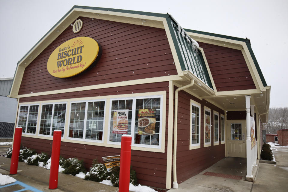 This Jan. 20, 2022 photo shows the Tudor's Biscuit World in Elkview, W.Va. Employees at the Elkview, W.Va., restaurant have already case ballots to decide whether or not they want to create a union. The votes will be read Tuesday. (AP Photo/Leah M. Willingham)