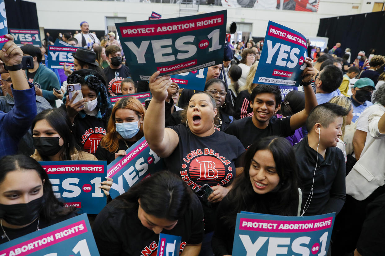 Students show their enthusiasm at a rally endorsing ballot Proposition 1 at Long Beach City College in Long Beach, Calif., on Nov. 6.
