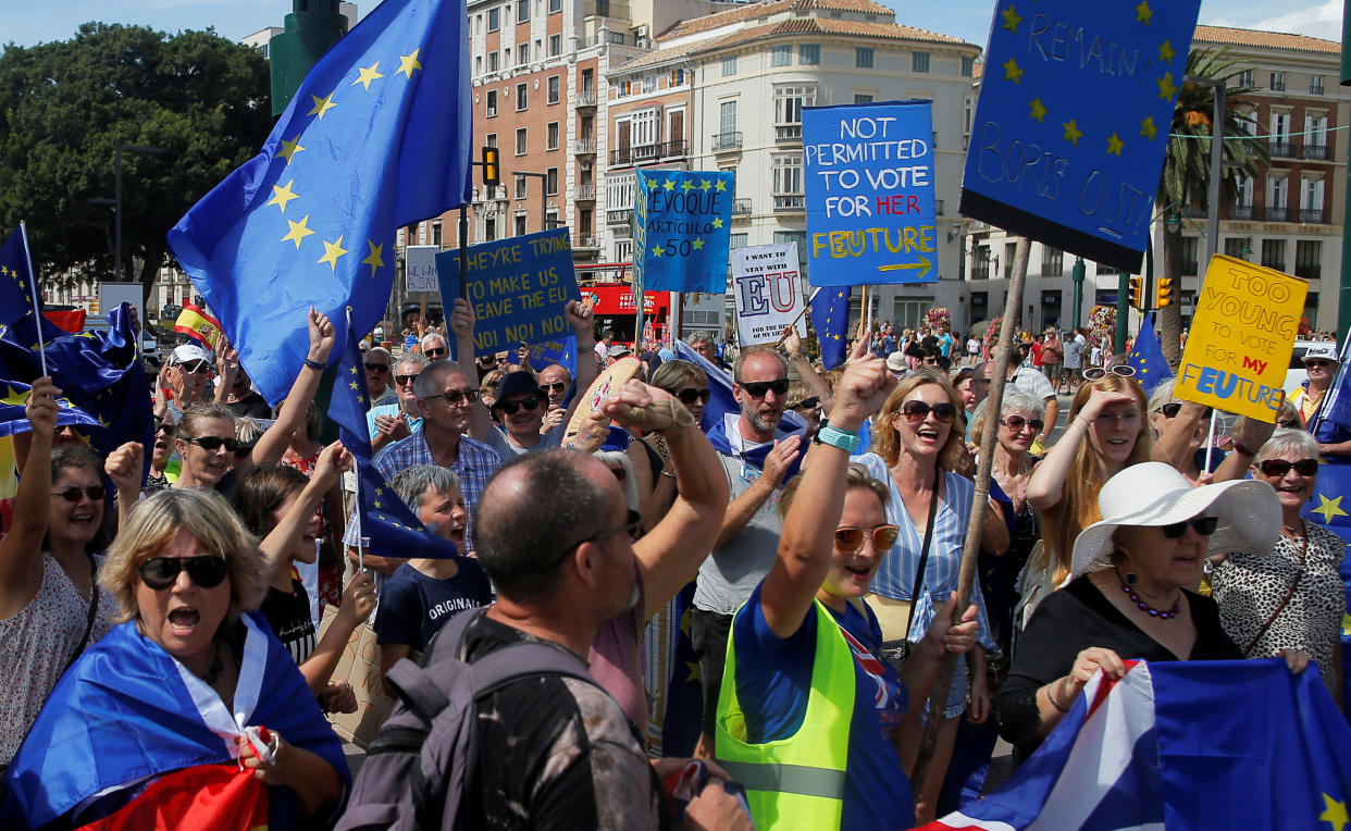 British residents in Spain march during an anti-Brexit demonstration, in Malaga, Spain September 22, 2019. REUTERS/Jon Nazca