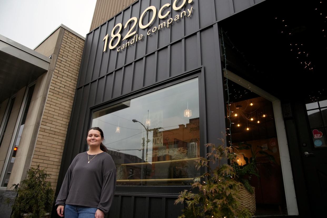 Sidney Smith, co-owner of 1820 Candle Co., outside the family owned business in East Palestine, Ohio, on March 23, 2023.