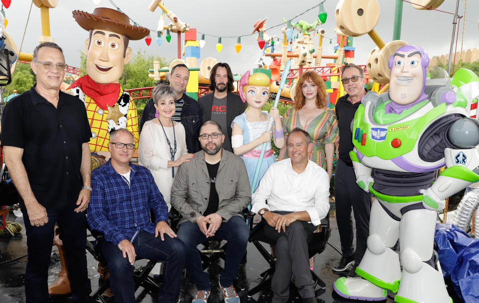 ORLANDO, FLORIDA - JUNE 08: Tom Hanks, Annie Potts, Tim Allen, Tony Hale, Christina Hendricks, Keanu Reeves, Mark Nielsen, Josh Cooley and Jonas Rivera visit Toy Story Land at Disney's Hollywood Studios on June 08, 2019 in Orlando, Florida. (Photo by John Parra/Getty Images for Disney)