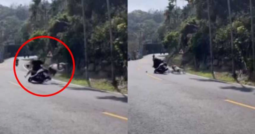 公路車女騎士遭重機男撞飛。（圖／翻攝記者爆料網）