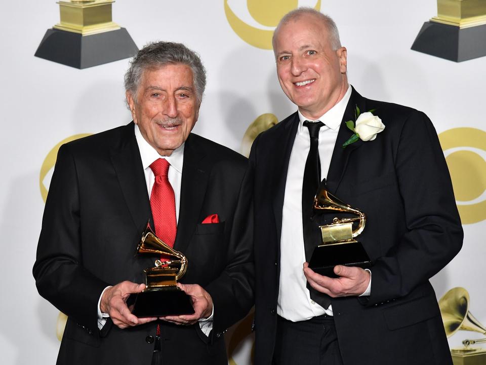 Tony Bennett and Dae Bennett, winners of Best Traditional Pop Vocal Album for 'Tony Bennett Celebrates 90' pose in the press room during the 60th Annual GRAMMY Awards at Madison Square Garden on January 28, 2018 in New York City