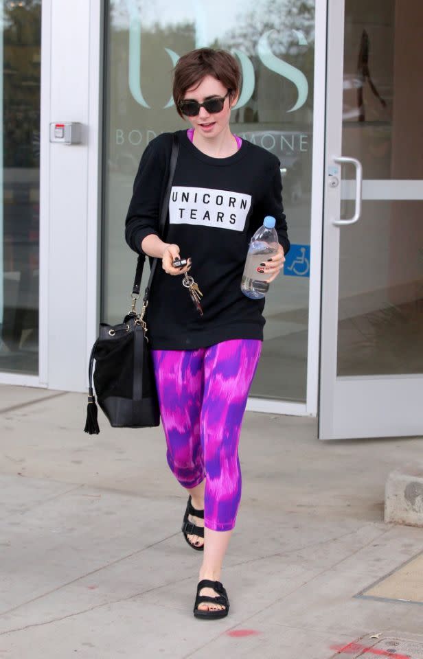 Lily Collins in a graphic sweater post-yoga.