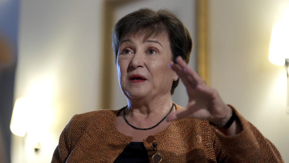 Kristalina Georgieva, Managing Director of the International Monetary Fund (IMF), speaks during an interview with The Associated Press in Berlin, Germany, Tuesday, Nov. 29, 2022. (AP Photo/Michael Sohn)