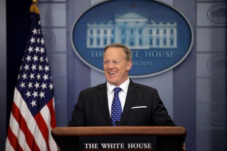 FILE PHOTO: White House spokesman Sean Spicer holds a press briefing at the White House in Washington, U.S., February 21, 2017. REUTERS/Carlos Barria/File Photo