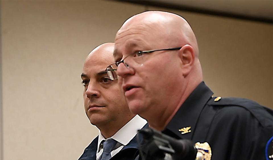 From the left, District Attorney Dave Sunday looks on while Lower Windsor Township Police Chief Jim Thomas describes a timeline of the search since Kadin Black went missing during a press conference on January 4, 2023. Thomas was Black's track coach at Eastern.