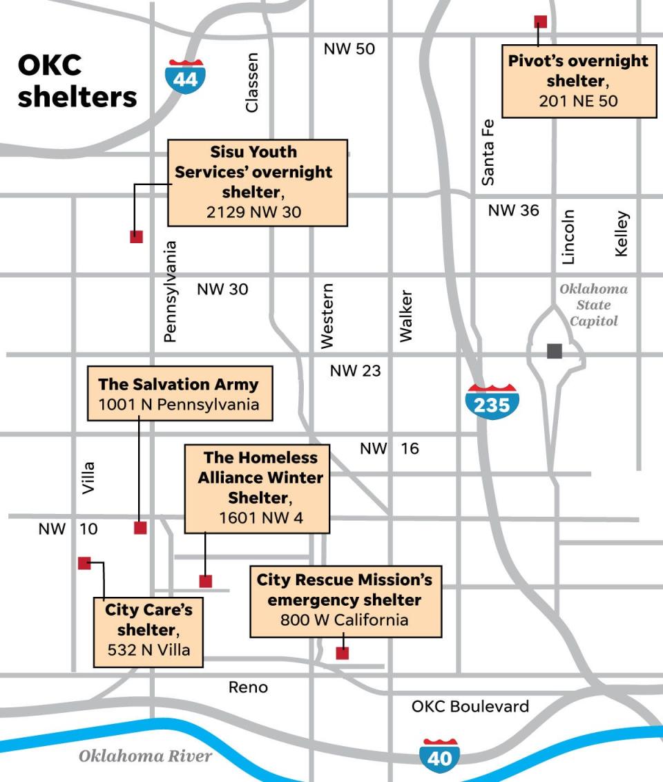 A look at where the winter weather emergency shelters are in Oklahoma City.
