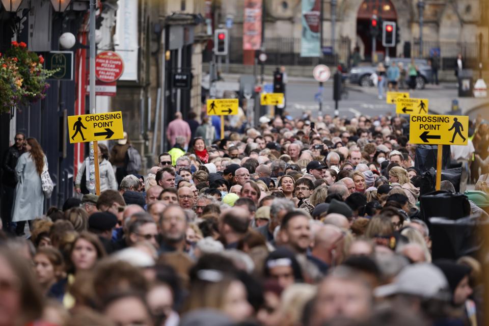 People queue to view the coffin containing the body of Britain's Queen Elizabeth II at St Giles' Cathedral (EPA)