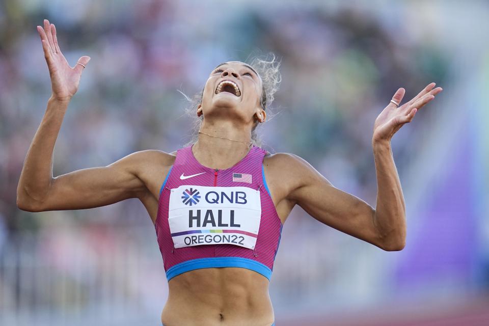 Anna Hall, of the United States, wins a heat in the women's heptathlon 200-meter run at the World Athletics Championships on Sunday, July 17, 2022, in Eugene, Ore. (AP Photo/Ashley Landis)